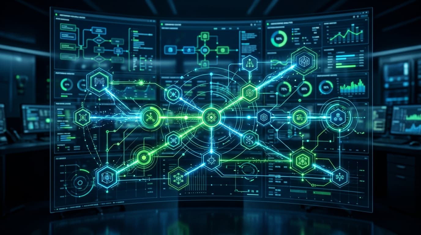 A futuristic enterprise digital dashboard showing an integrated, interconnected network of autonomou