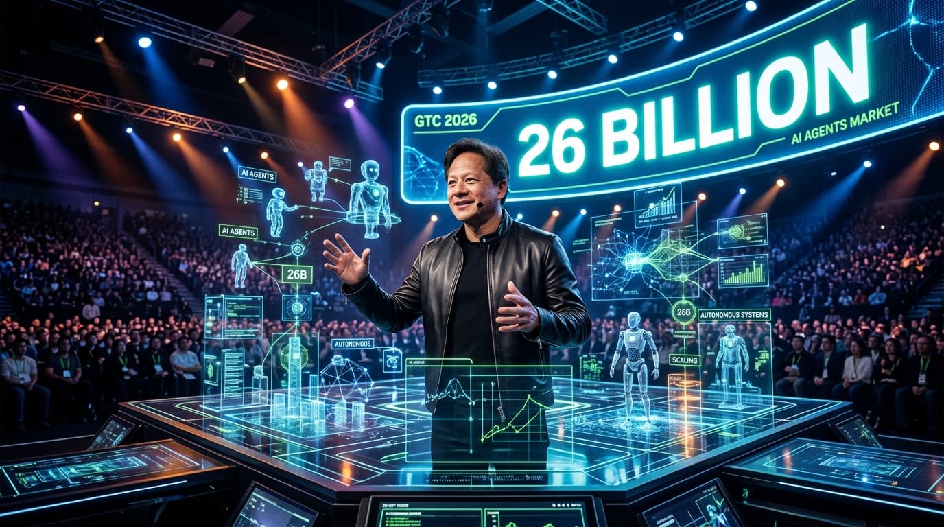 Jensen Huang on a high-tech stage at GTC 2026, surrounded by holographic representations of autonomo
