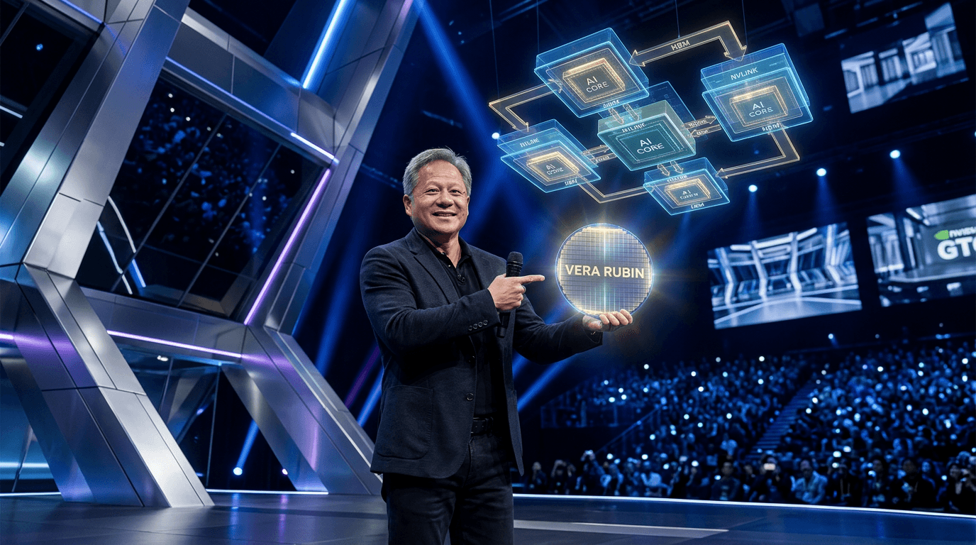 Jensen Huang on a futuristic GTC 2026 stage, presenting a glowing silicon wafer with the words 'Vera