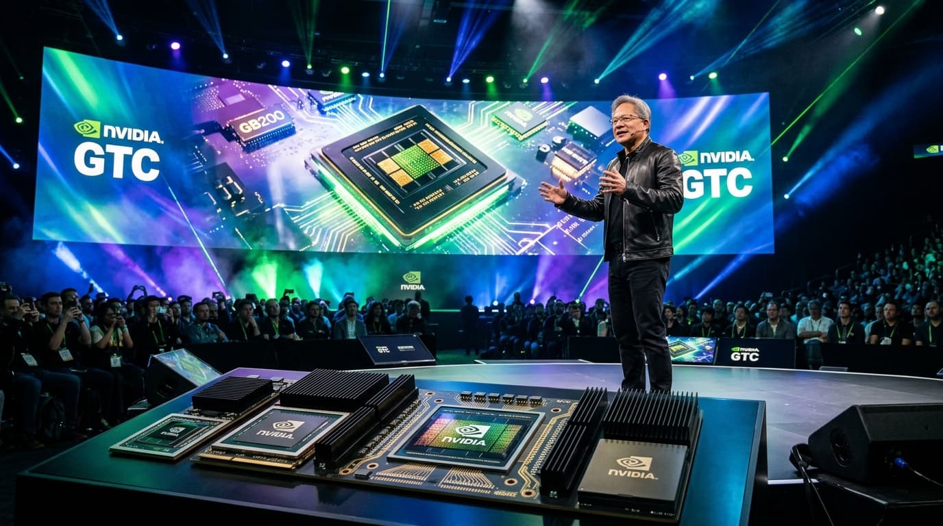 Jensen Huang on a stage during an Nvidia GTC keynote, futuristic lighting, high-tech semiconductor c