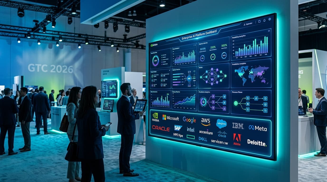Futuristic enterprise AI platform dashboard with 17 tech company logos integrated, professional, hig