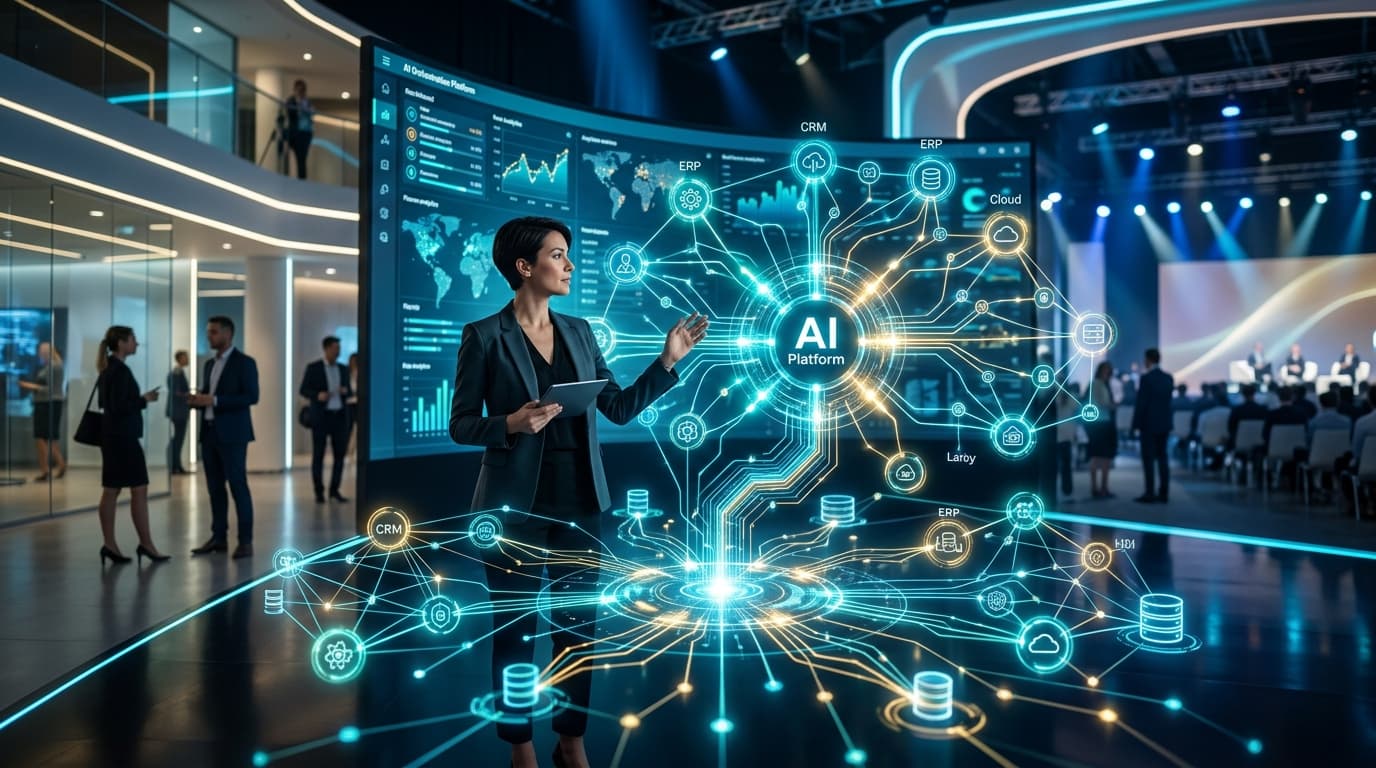 A futuristic enterprise technology scene showcasing an AI orchestration platform, glowing nodes conn