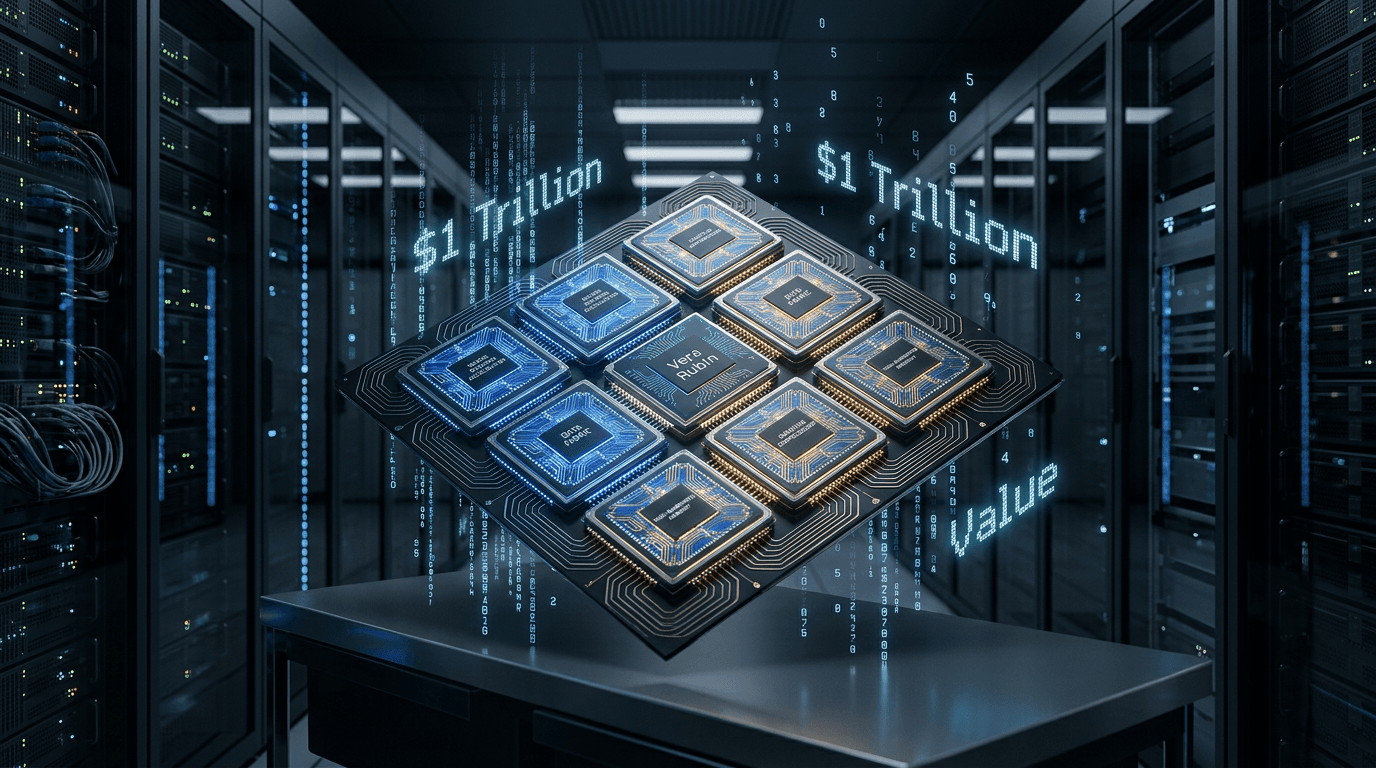 A futuristic semiconductor architecture showing seven interconnected silicon chips with glowing blue