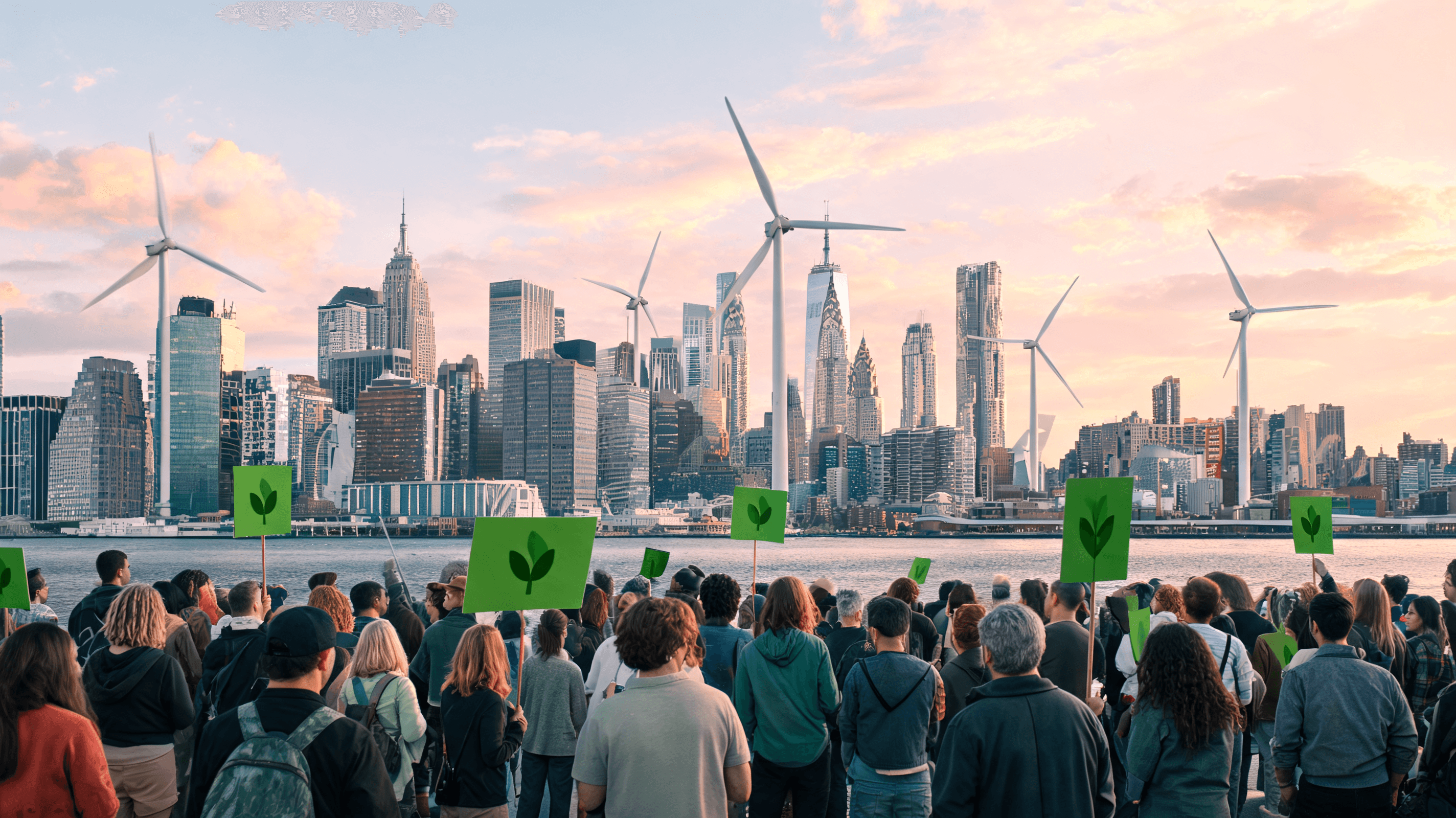 A New York city skyline seen through the lens of a climate change protest, with green energy wind tu