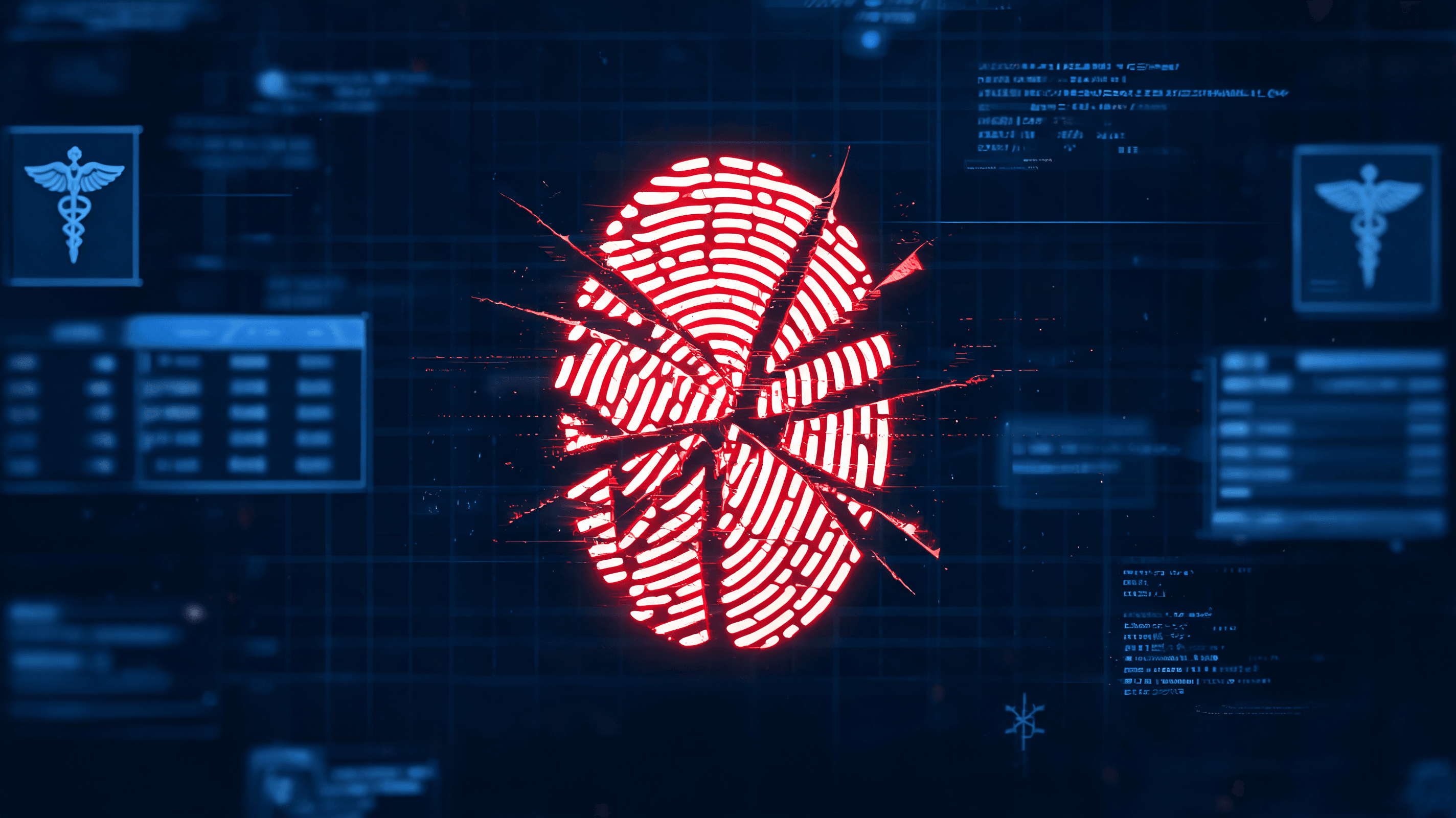 A digital graphic visualizing a breach in a medical database, with a red glowing fingerprint icon sh