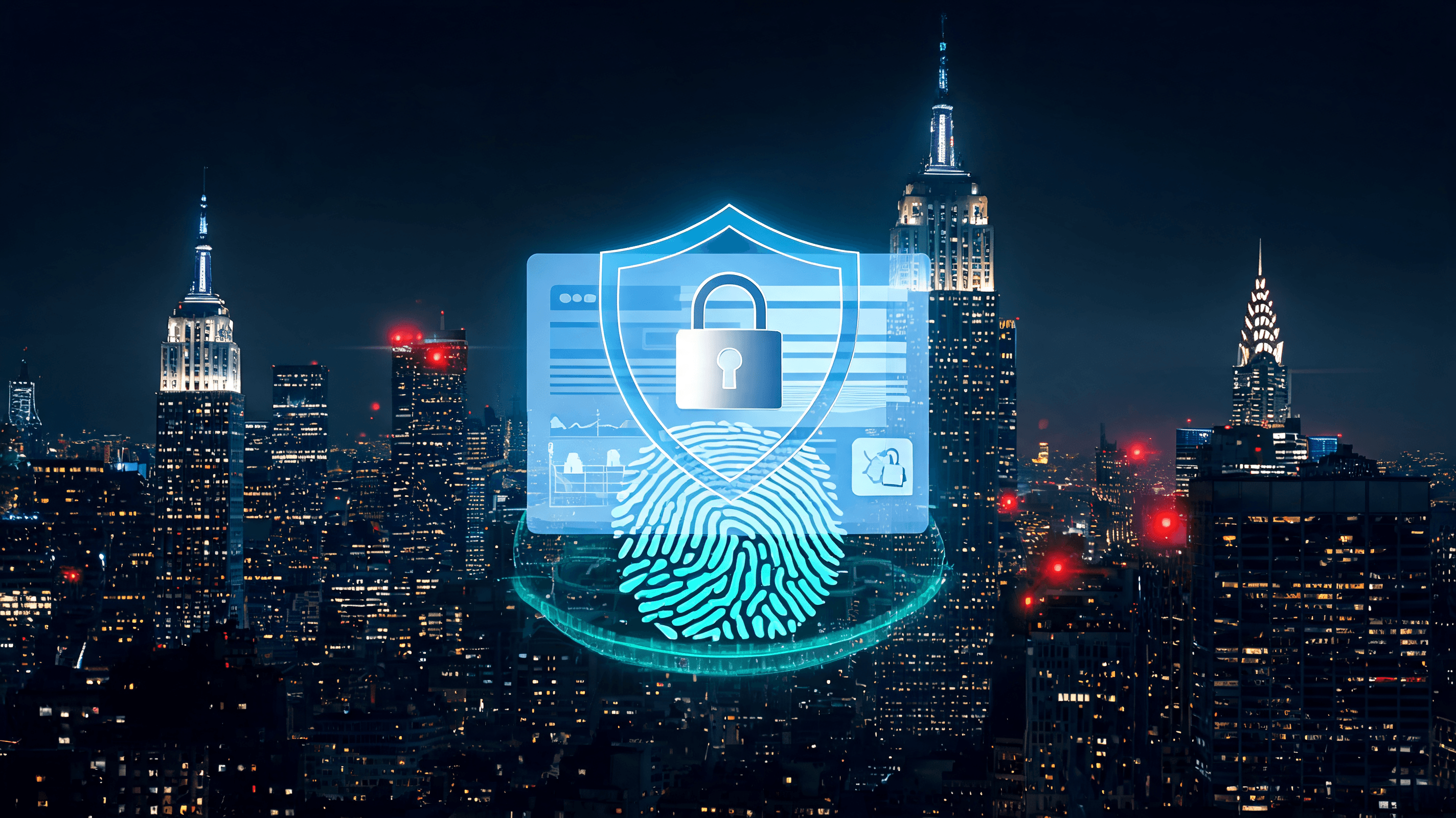 A digital representation of a shield and lock over a holographic fingerprint and patient medical rec