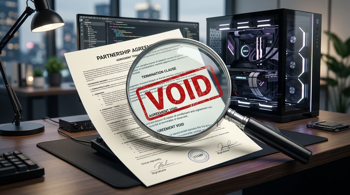 A digital graphic representing a contract document under a magnifying glass, stylized red ink 'VOID'