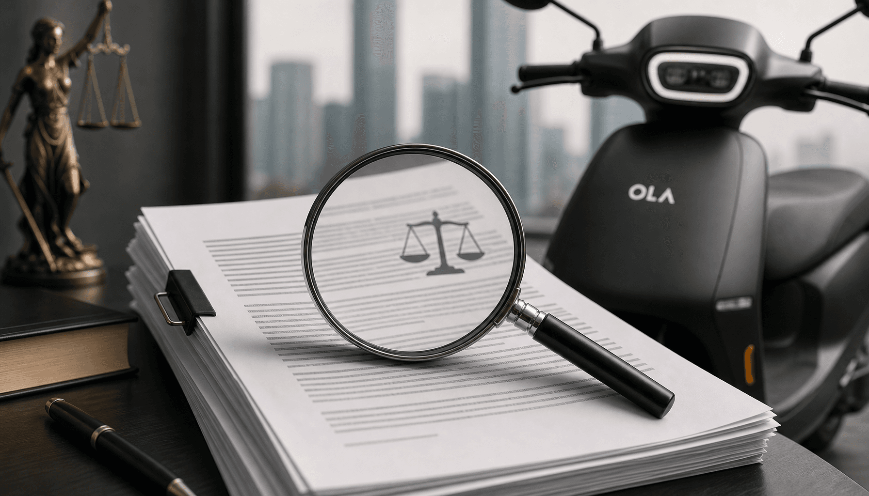 A conceptual depiction of a corporate legal document with a magnifying glass, with an Ola Electric s