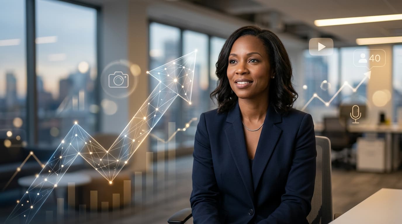 A professional and respectful portrait-style composition depicting digital content growth and the cr