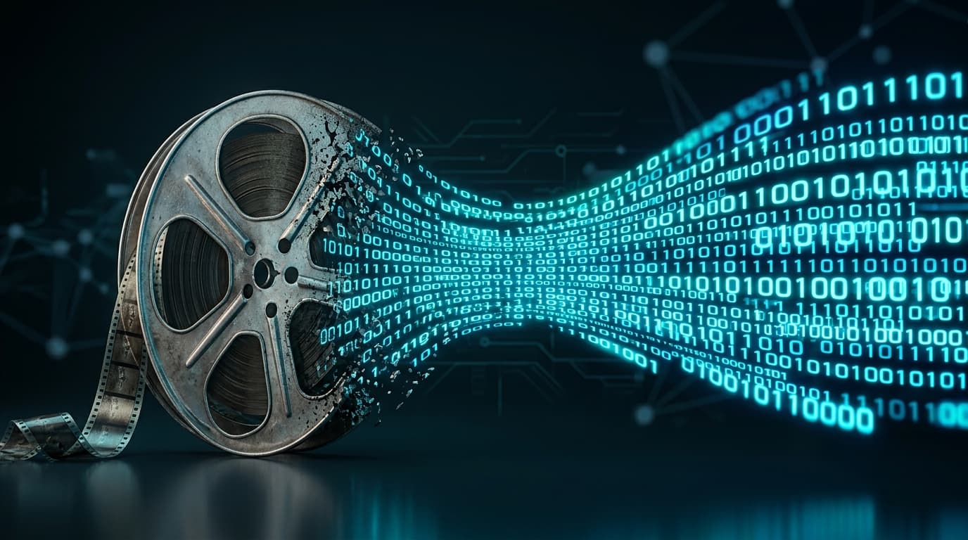 A cinematic, minimalist shot of a digital film reel dissolving into abstract neon binary code, repre