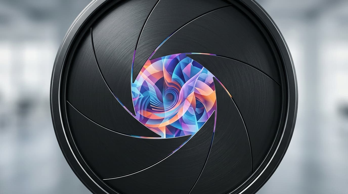 A minimalist, artistic representation of a camera shutter closing on a colorful AI-generated video f