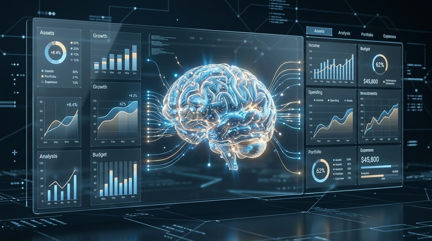 A futuristic 3D visualization of a personal finance interface, blending clean dashboard charts with
