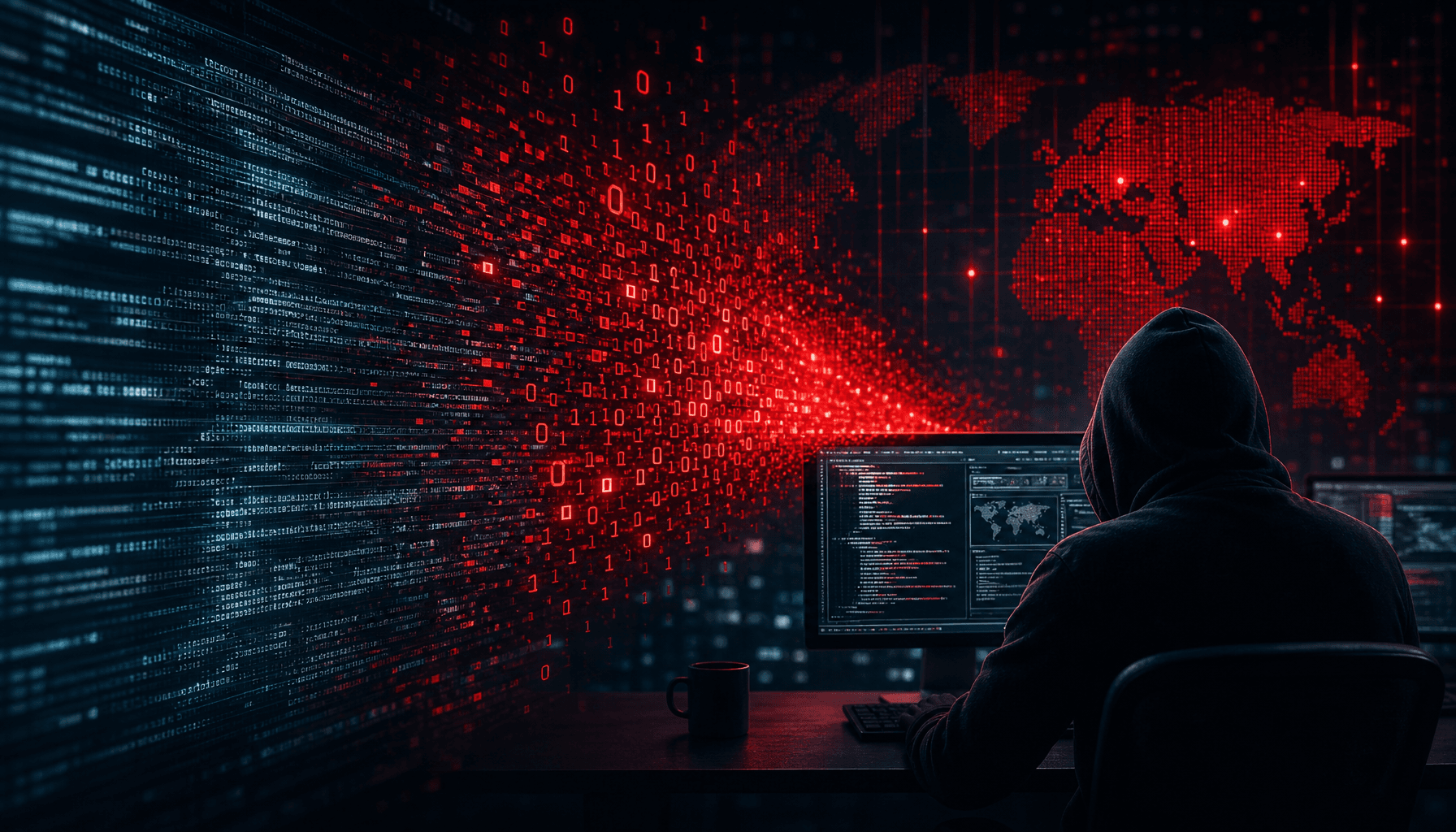 A digital representation of a cyber attack, with lines of code turning into glowing red binary, futu