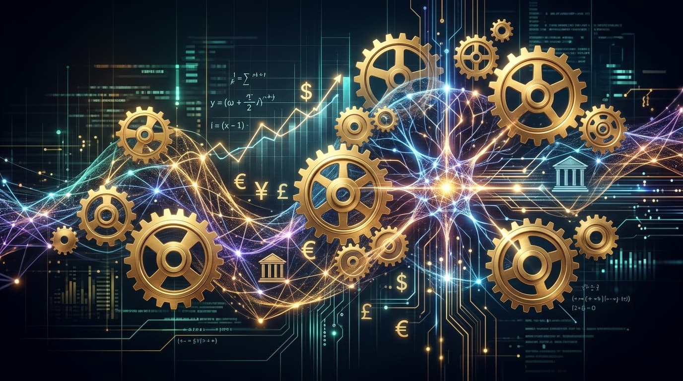 A modern, abstract digital art piece showing golden gears interacting with glowing neural networks,