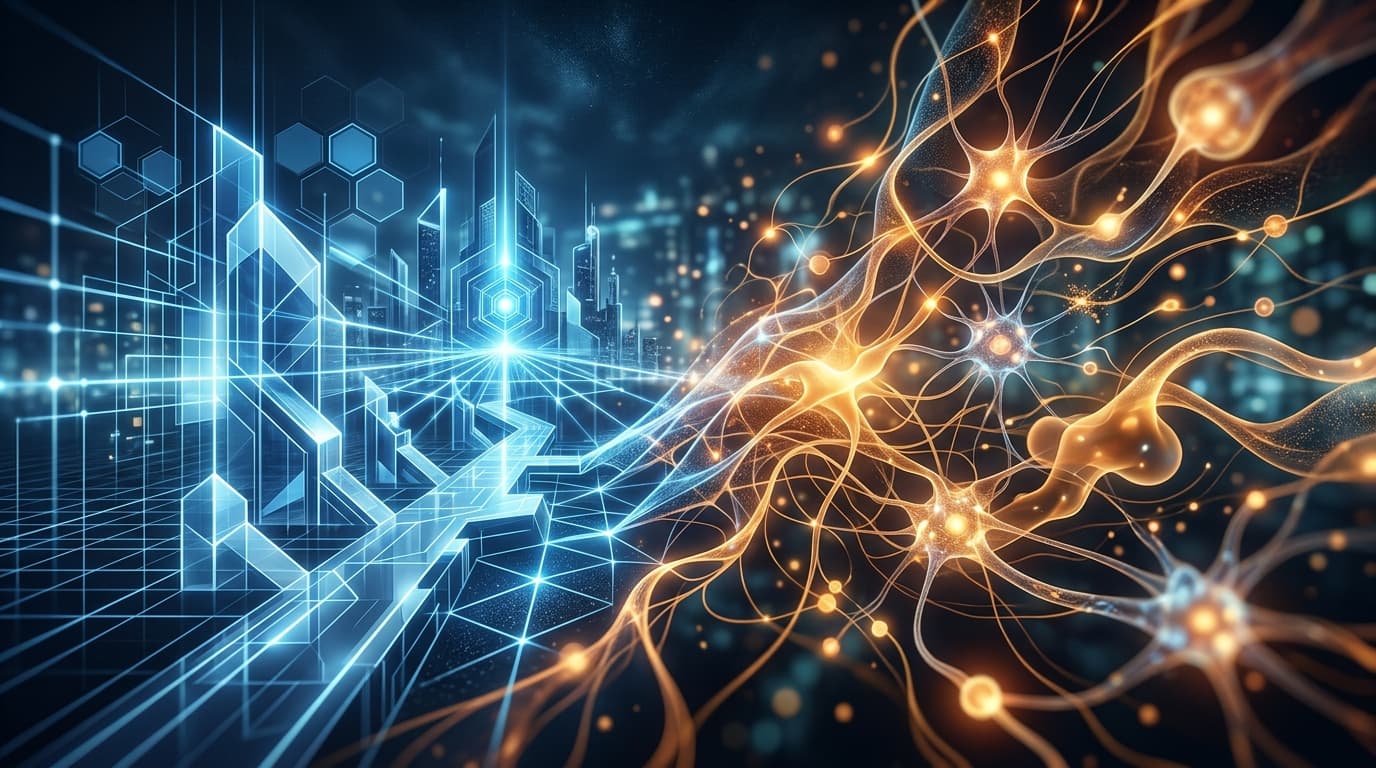 Abstract digital concept art representing two different paths of AI regulation, contrasting sharp ge