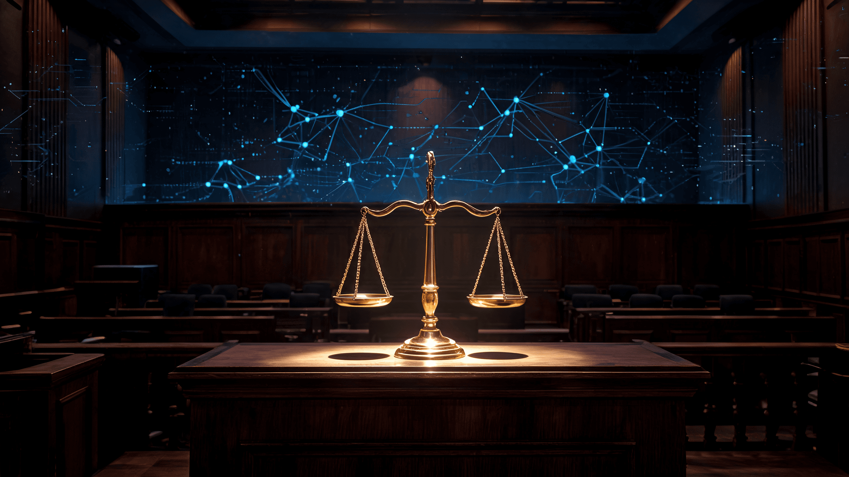A courtroom setting, dramatic lighting, scales of justice, digital abstract representations of artif