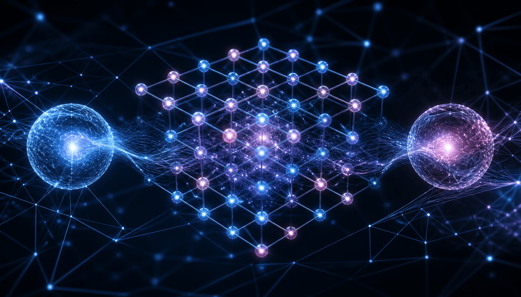 A sophisticated digital visualization of complex mathematical structures, 3D lattice graphs, and qua