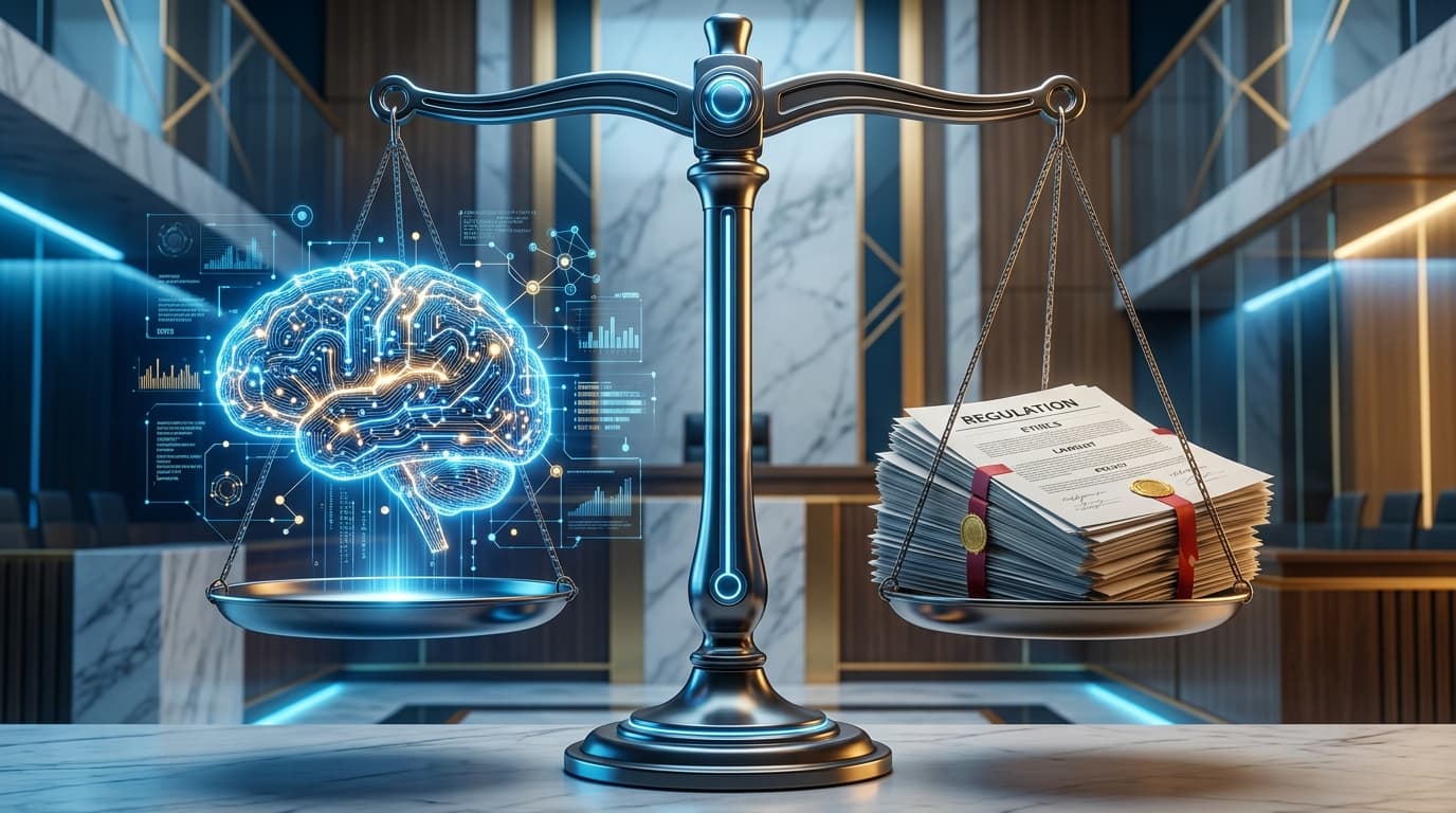 A courtroom scale balancing a glowing AI digital brain and legal documents, abstract, technological