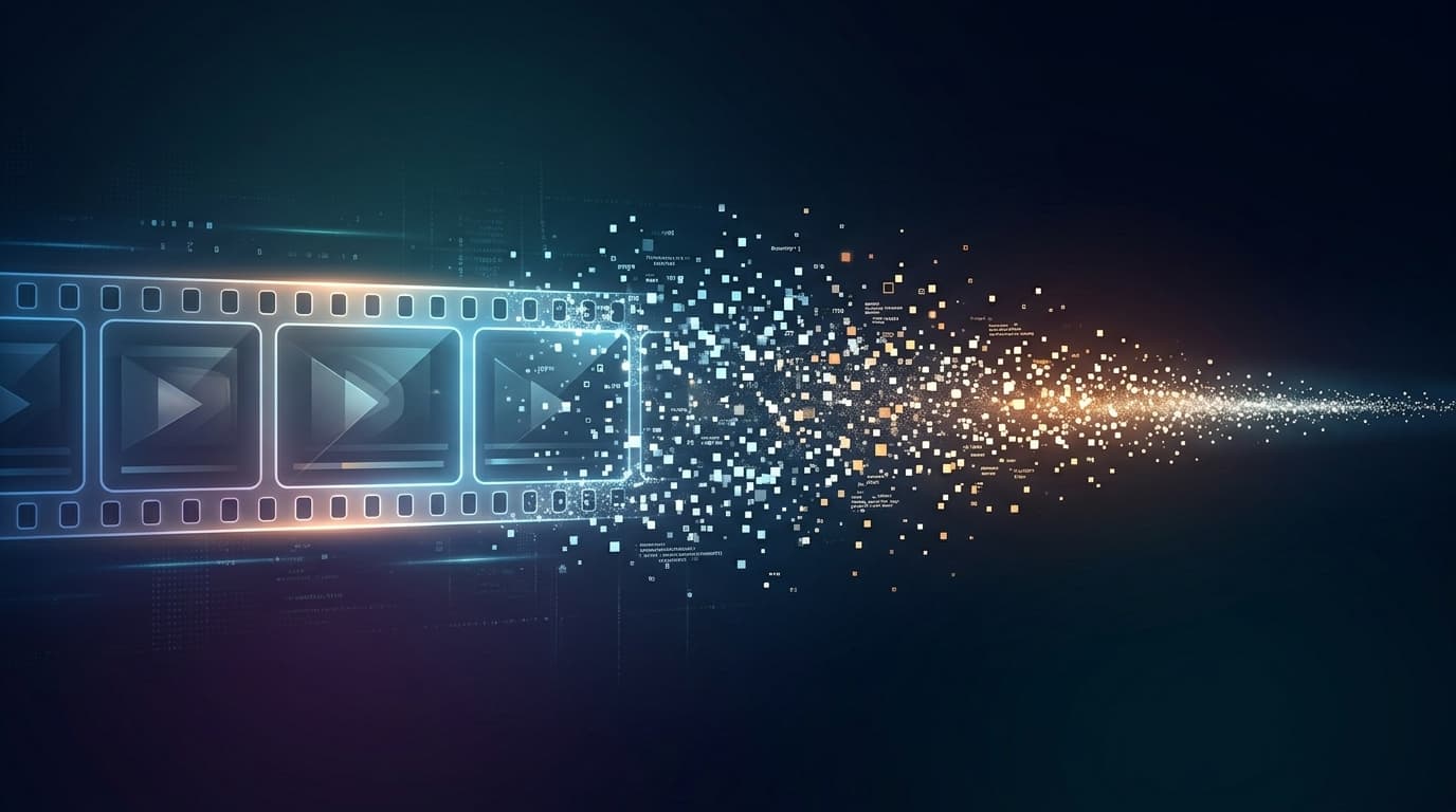 A minimalist, high-quality digital illustration of an abstract film strip fading into digital data p