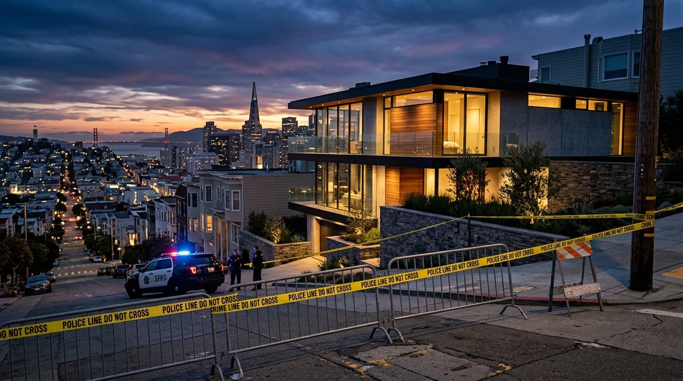 A modern, sophisticated house in San Francisco on a hill, guarded by police tape, dramatic evening l