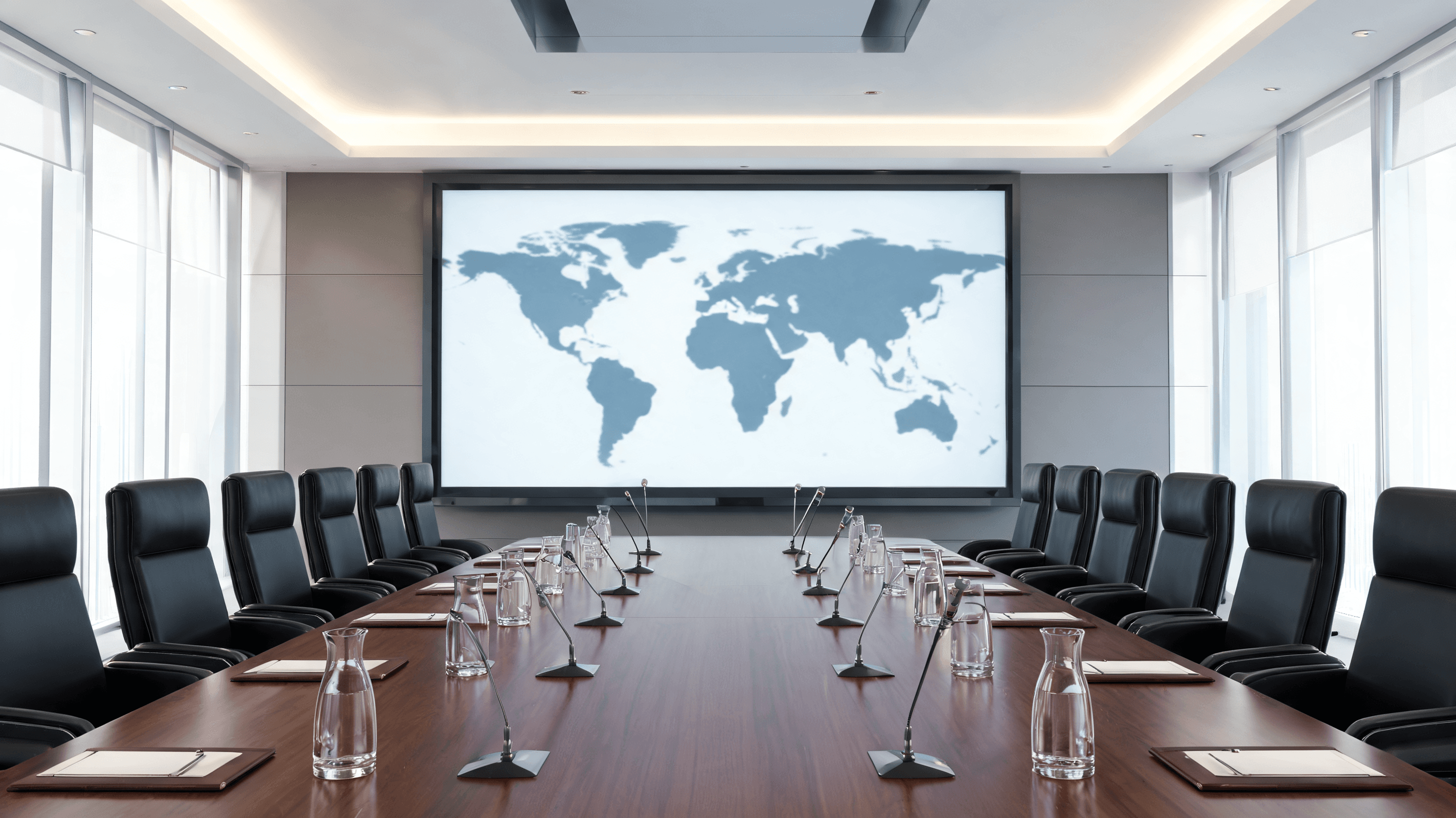 A high-end, strategic, and professional boardroom setting with a blurry silhouette of a global map,