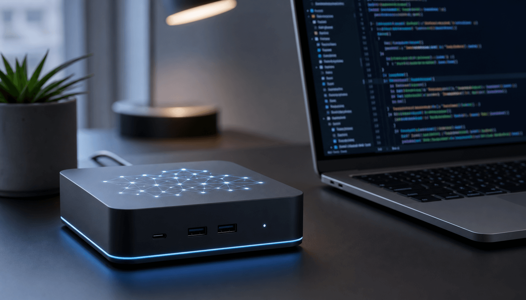 A sleek, minimalist hardware device resembling a small developer hub with a glowing neural network p