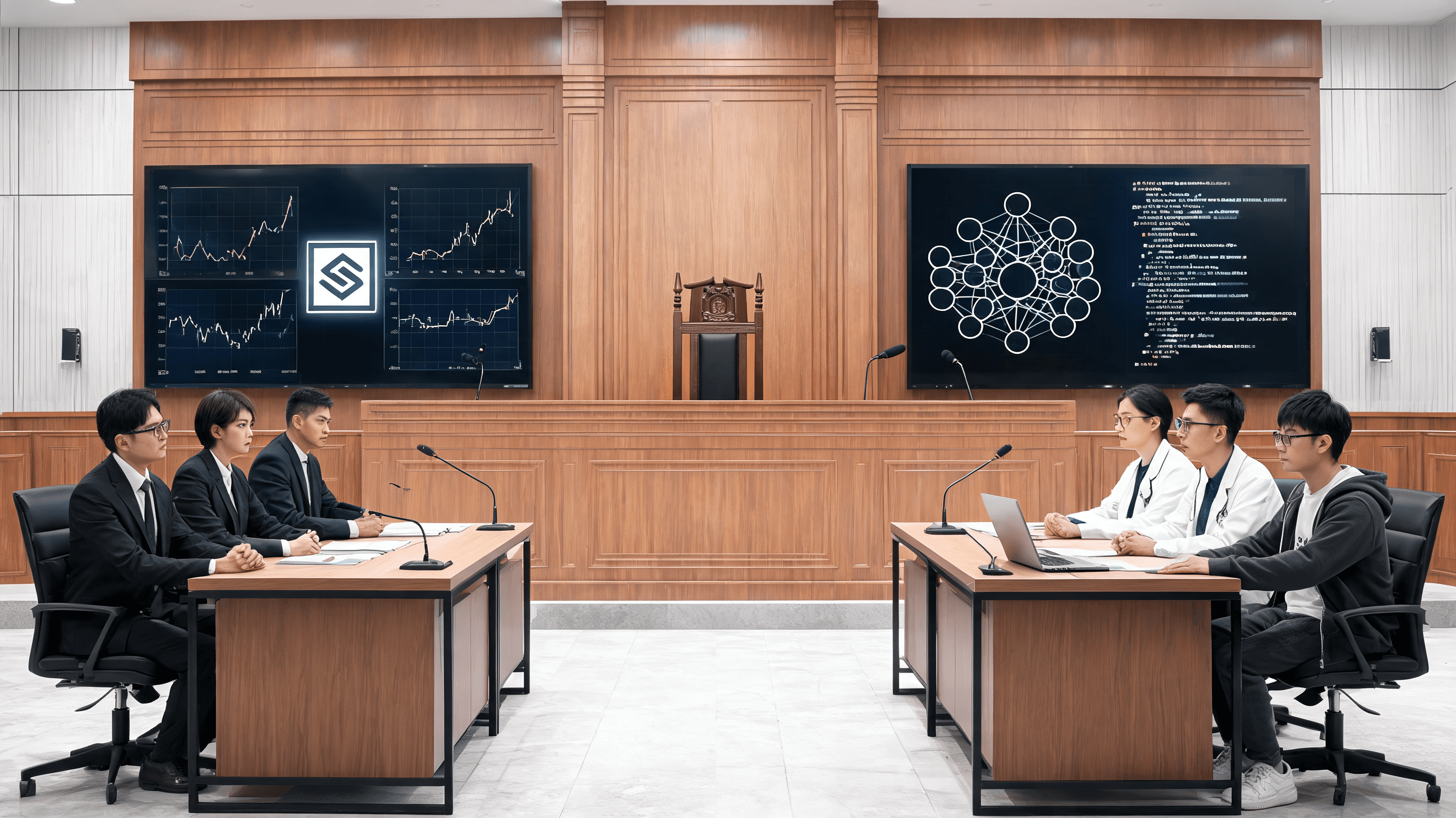A courtroom setting with digital screens displaying AI code and neural networks, symbolizing the cla