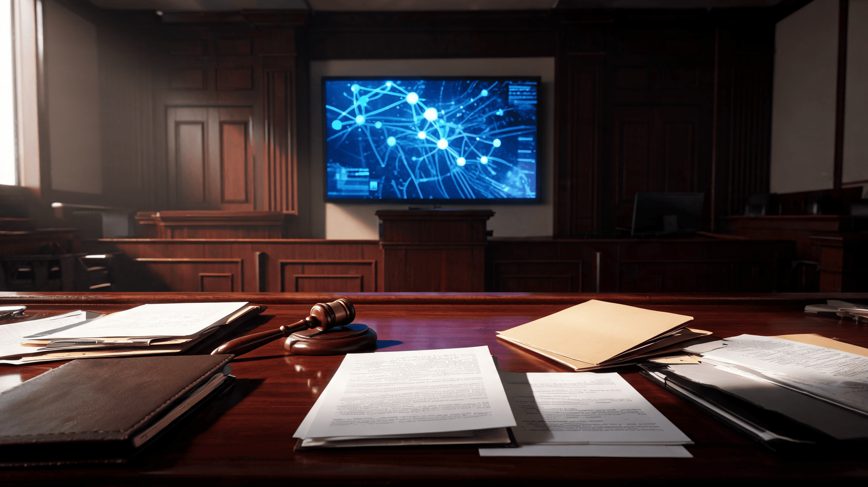 A dramatic courtroom scene with high contrast lighting, legal documents scattered on a mahogany tabl