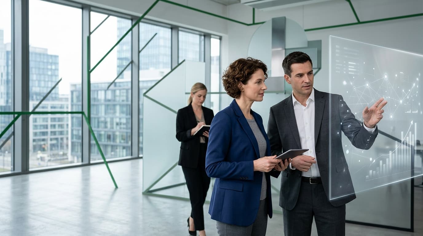 A modern, minimalist office environment showing executive collaboration, abstract representations of