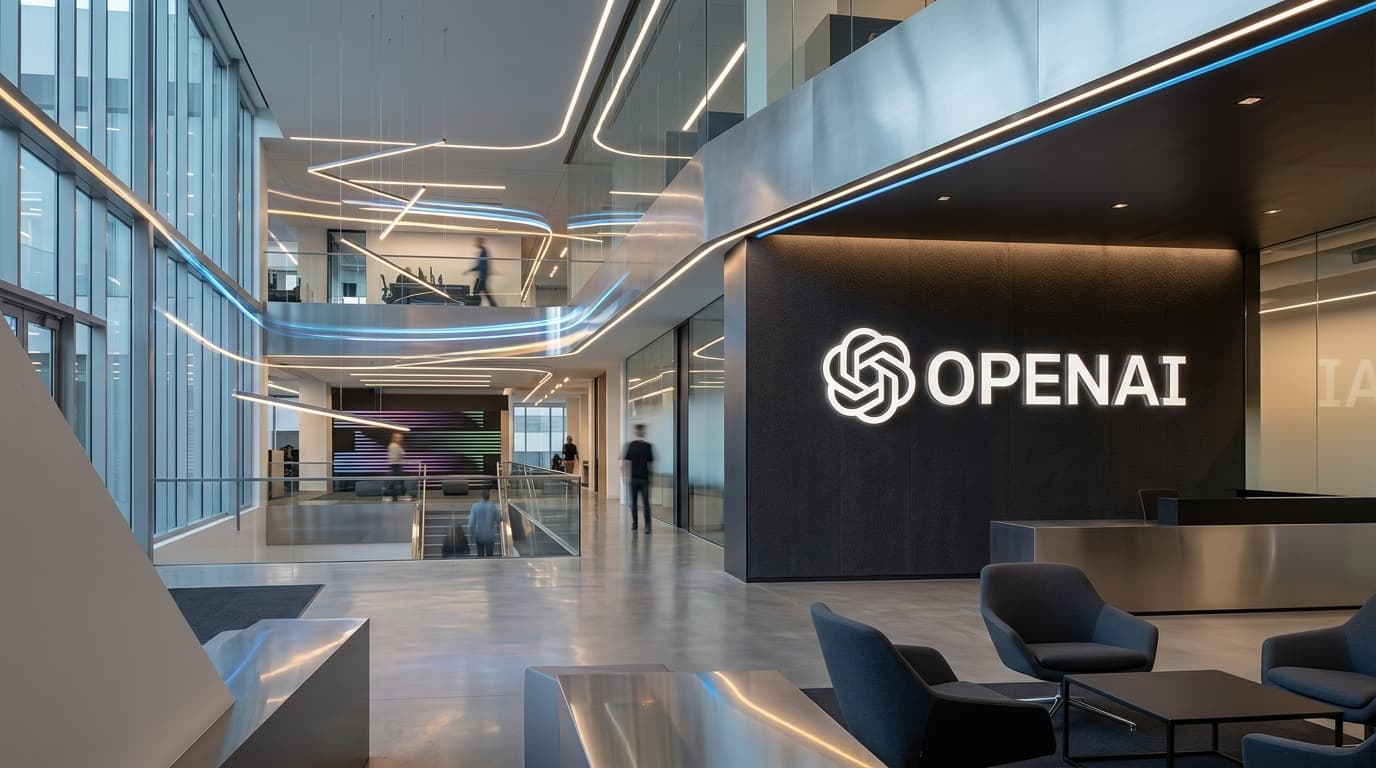 A minimalist, abstract corporate office setting with the OpenAI logo, subtle lighting representing m