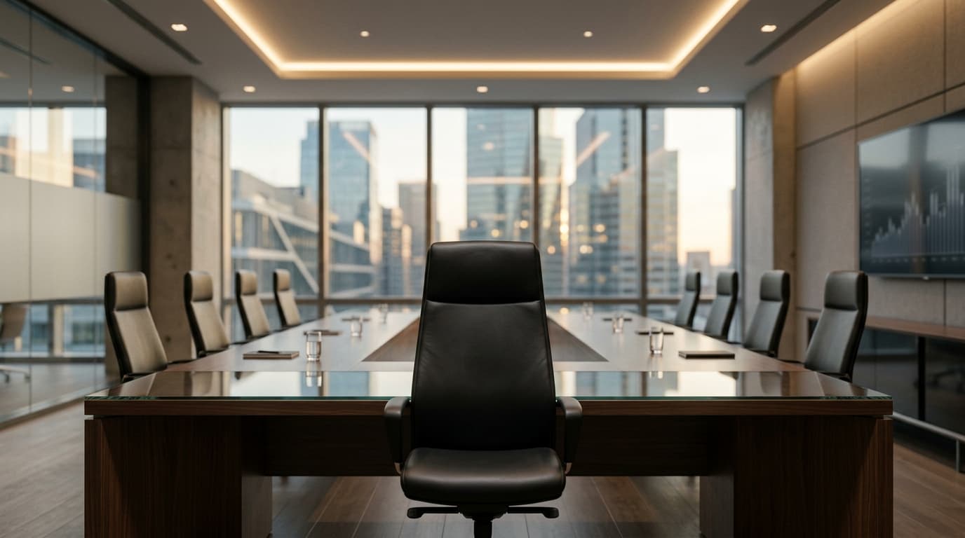 A minimalist, abstract conceptual image of an office boardroom with an empty chair, representing lea