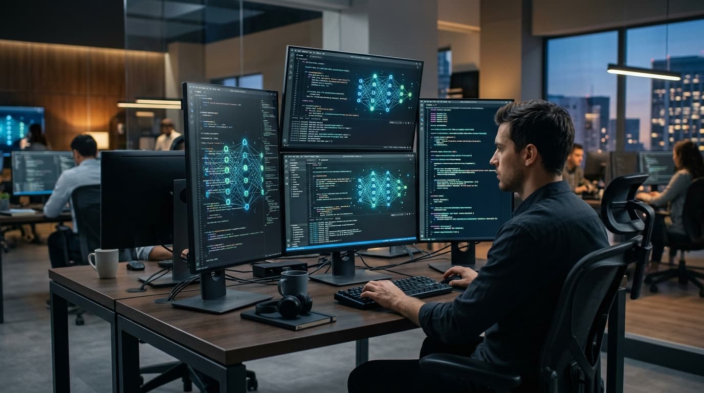 A modern software development workspace with multiple computer screens displaying code, subtle glowi