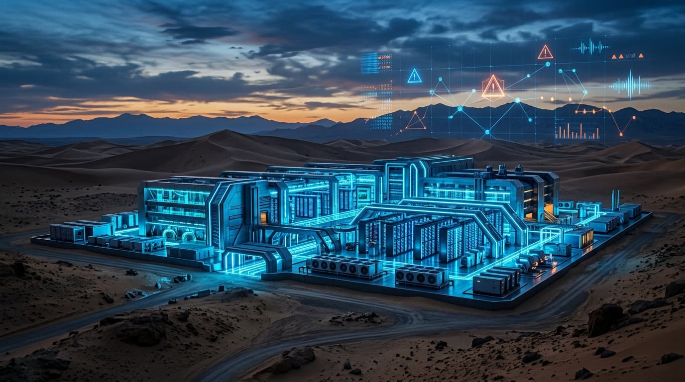 A futuristic data center architecture glowing with digital blue light, set in a desert landscape wit