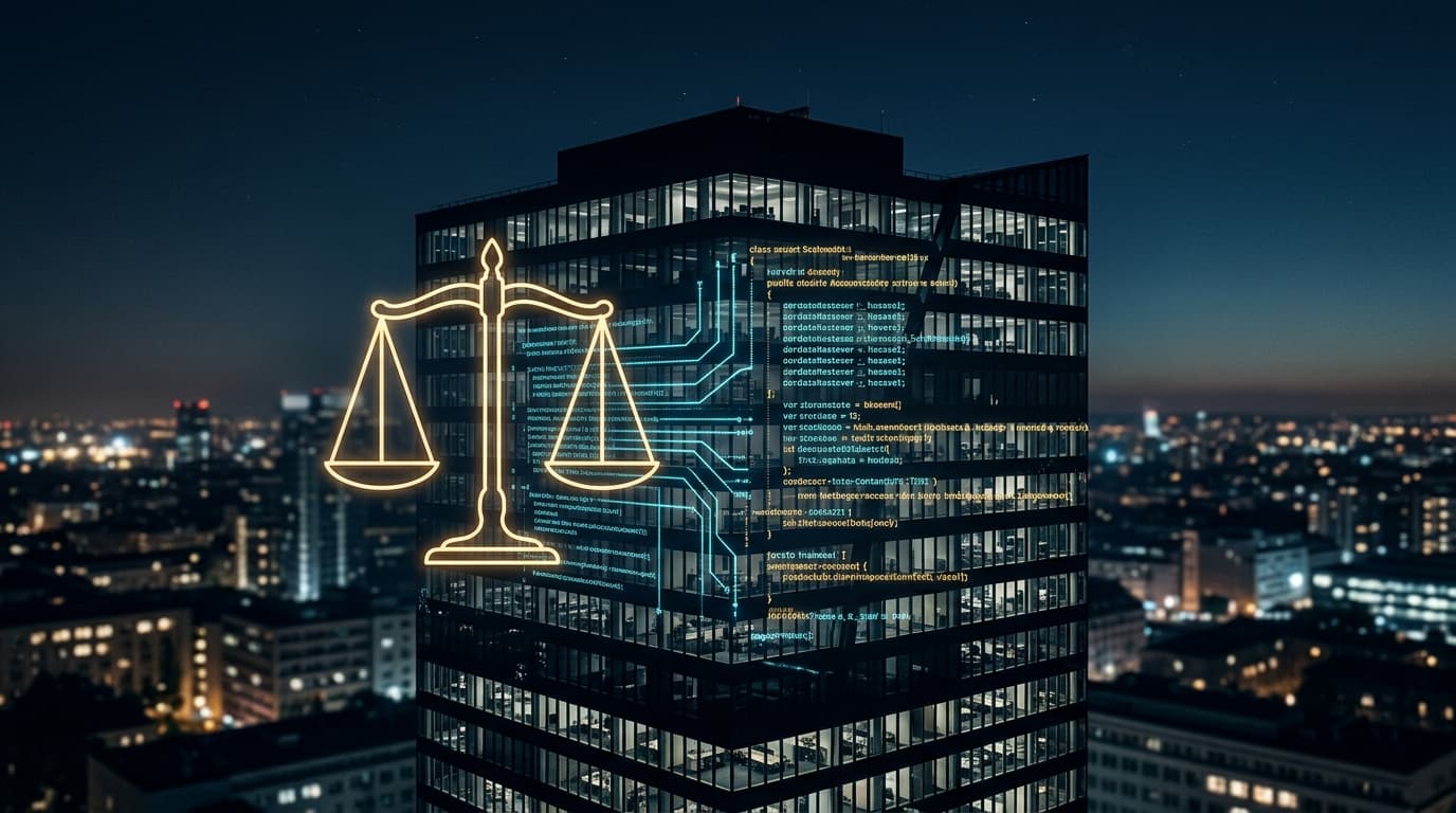 A high-tech office building silhouette overlayed with legal scales and glowing lines of code, dark a