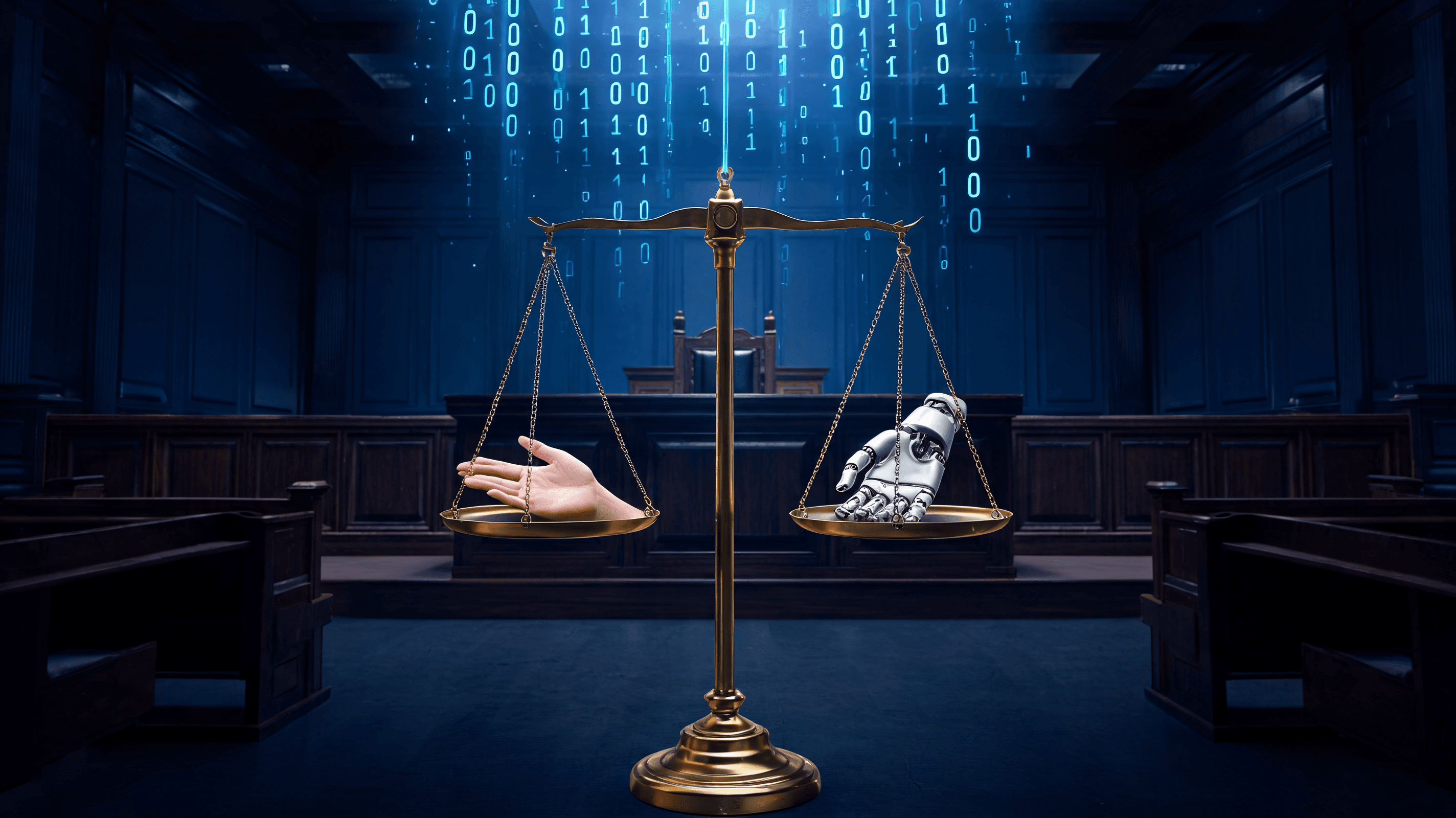 A dramatic, conceptual illustration of a courtroom with digital, binary code light beams shining dow