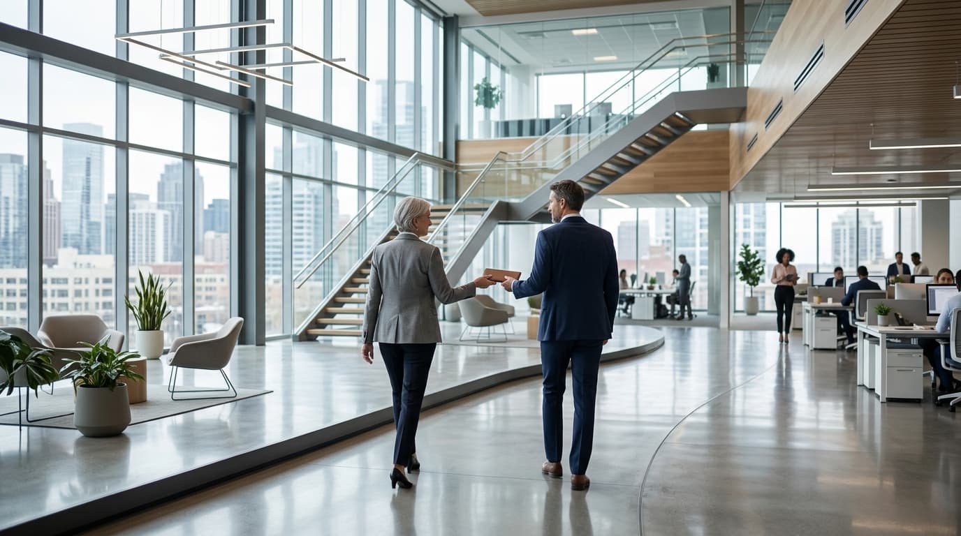 Professional corporate environment, sleek modern office architecture, abstract representation of lea