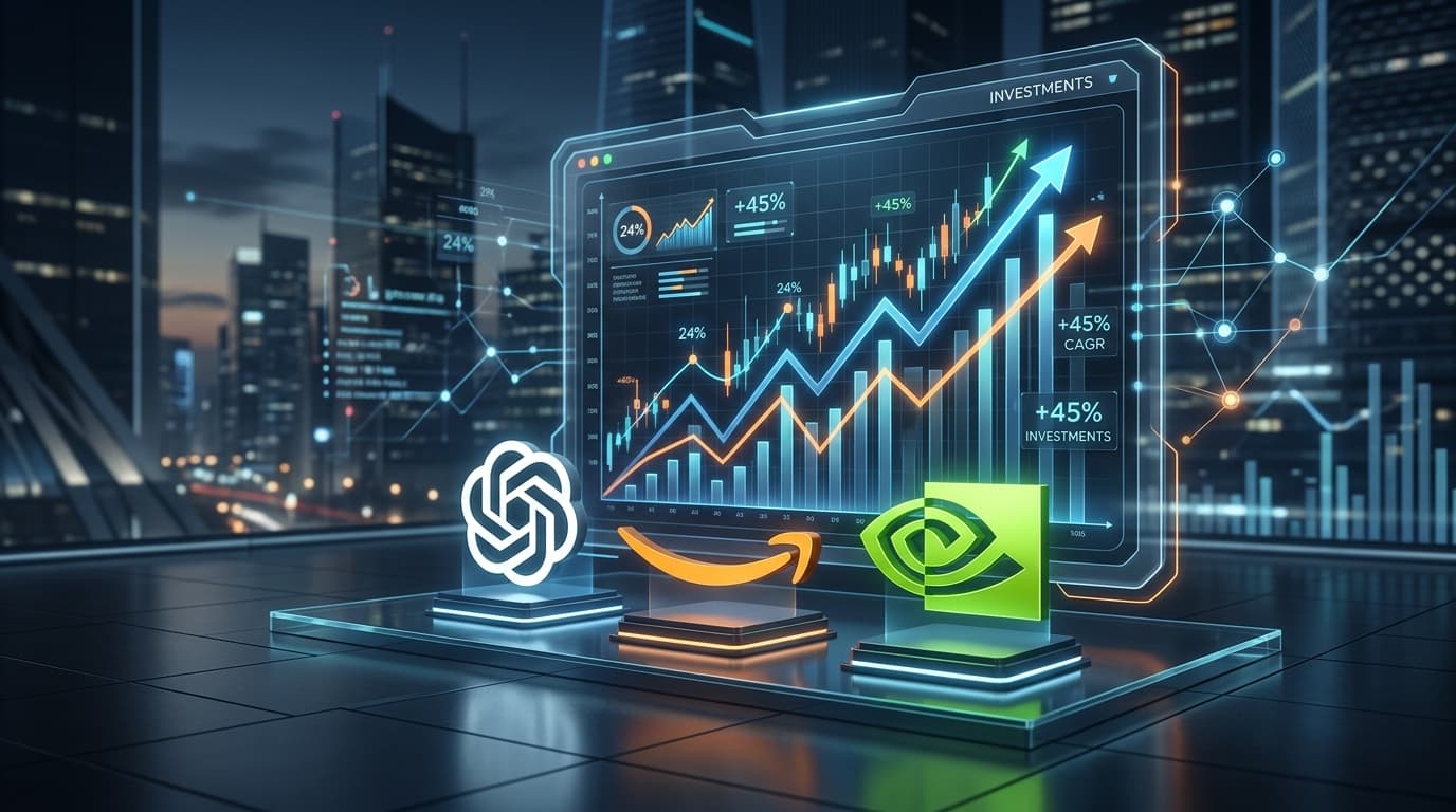 A modern, abstract digital interface showing ascending investment trends, with icons of OpenAI, Amaz