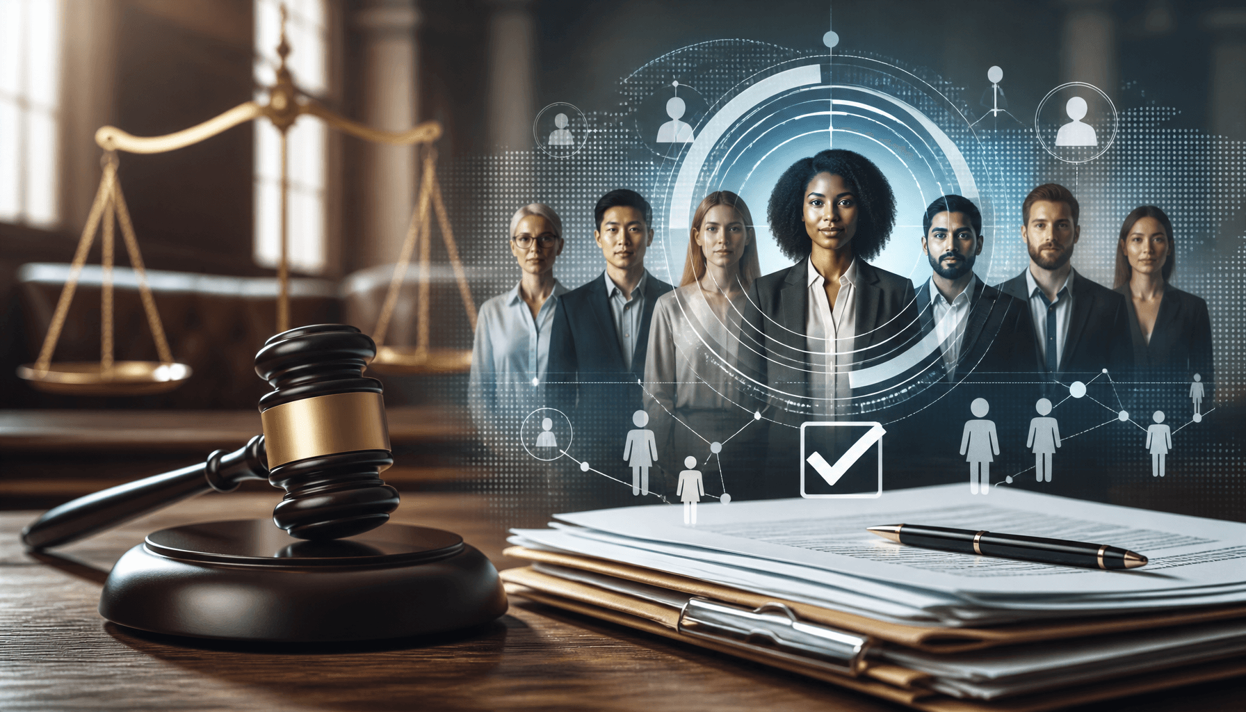 A courtroom or legal document background with a digital overlay of a diverse workforce, symbolizing
