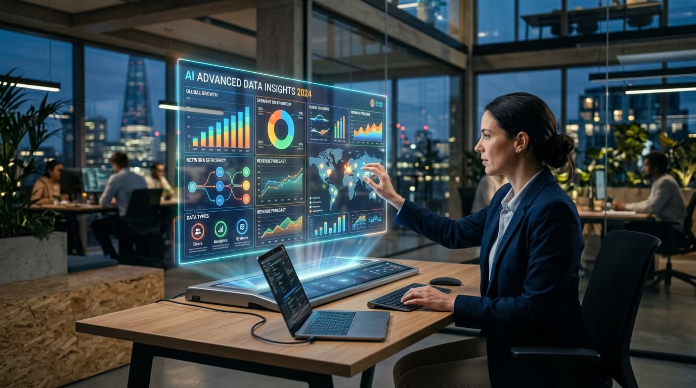 A vibrant and detailed infographic being generated by an AI interface, holographic projection, futur