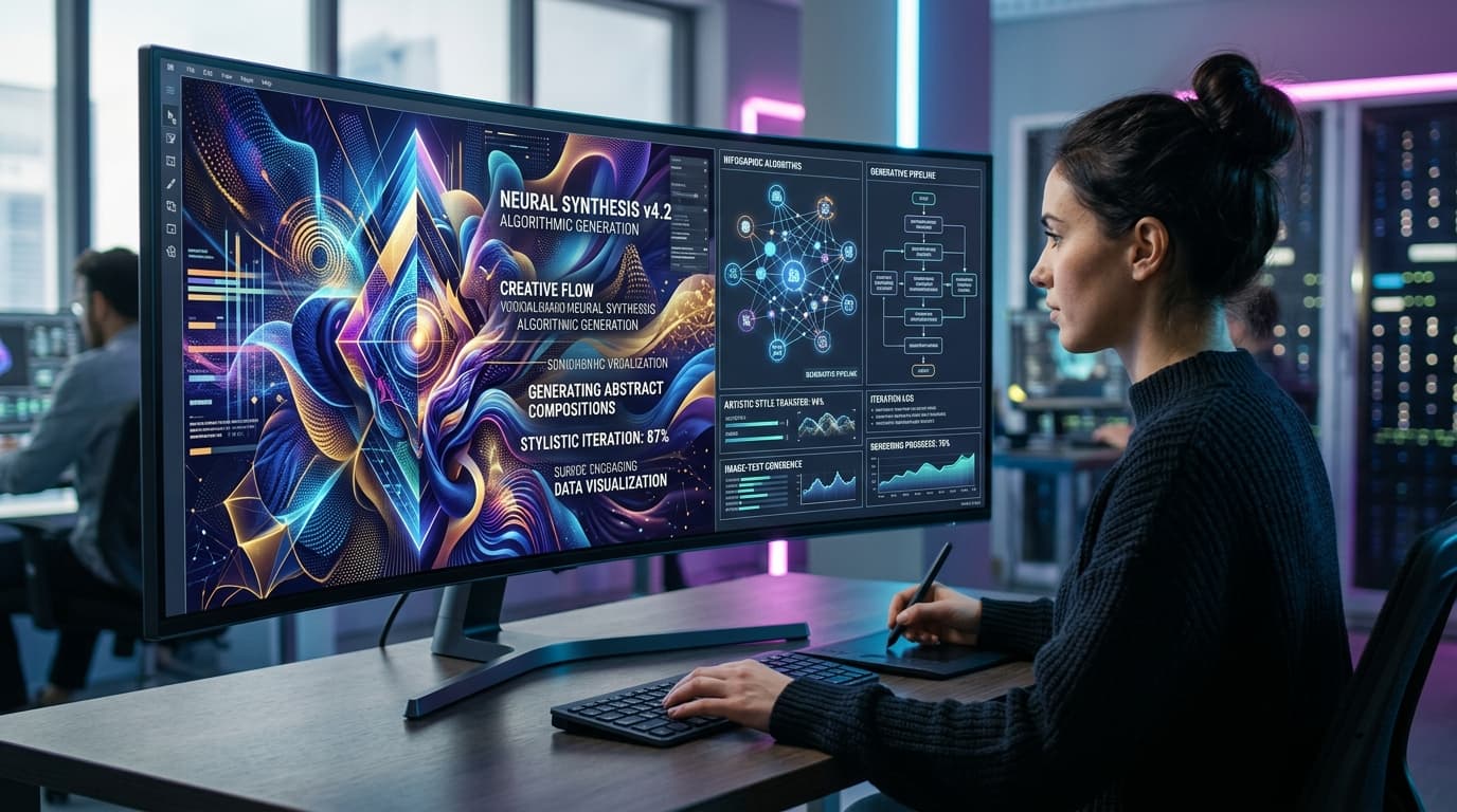 An artistic representation of high-tech digital art being generated by an AI, showcasing complex tex