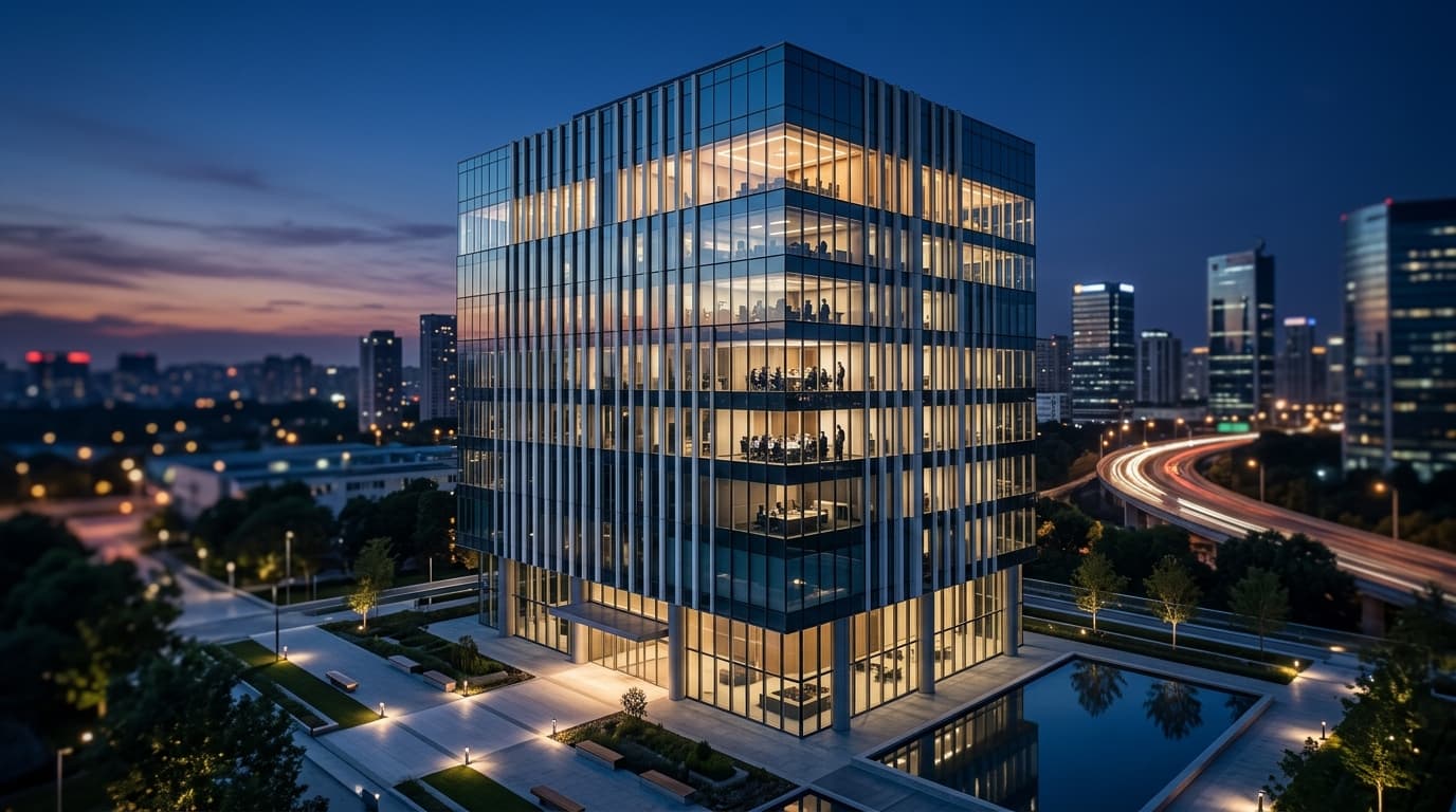 A modern and sleek corporate office building at dusk, representing high-level executive strategy and