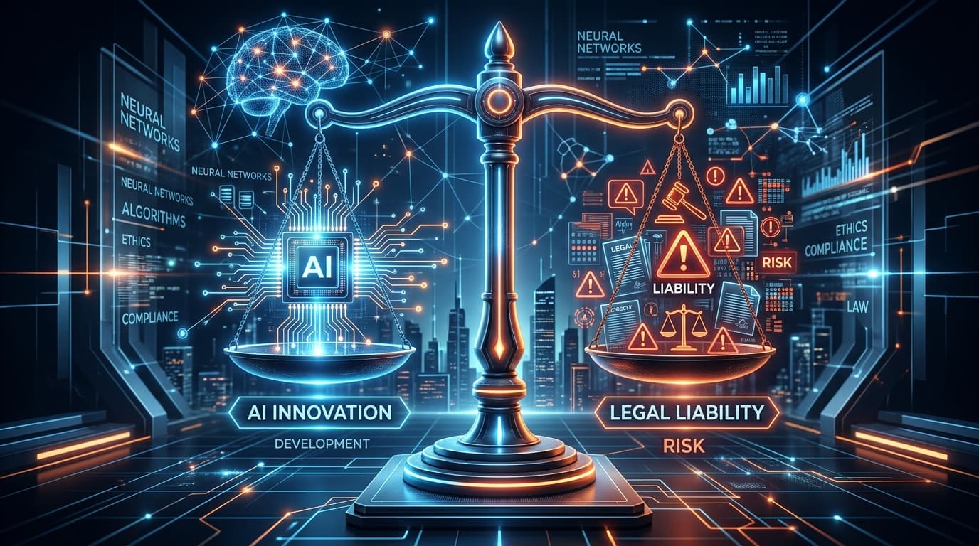 A dramatic conceptual image showing a symbolic scale of justice in a digital, glowing environment, w