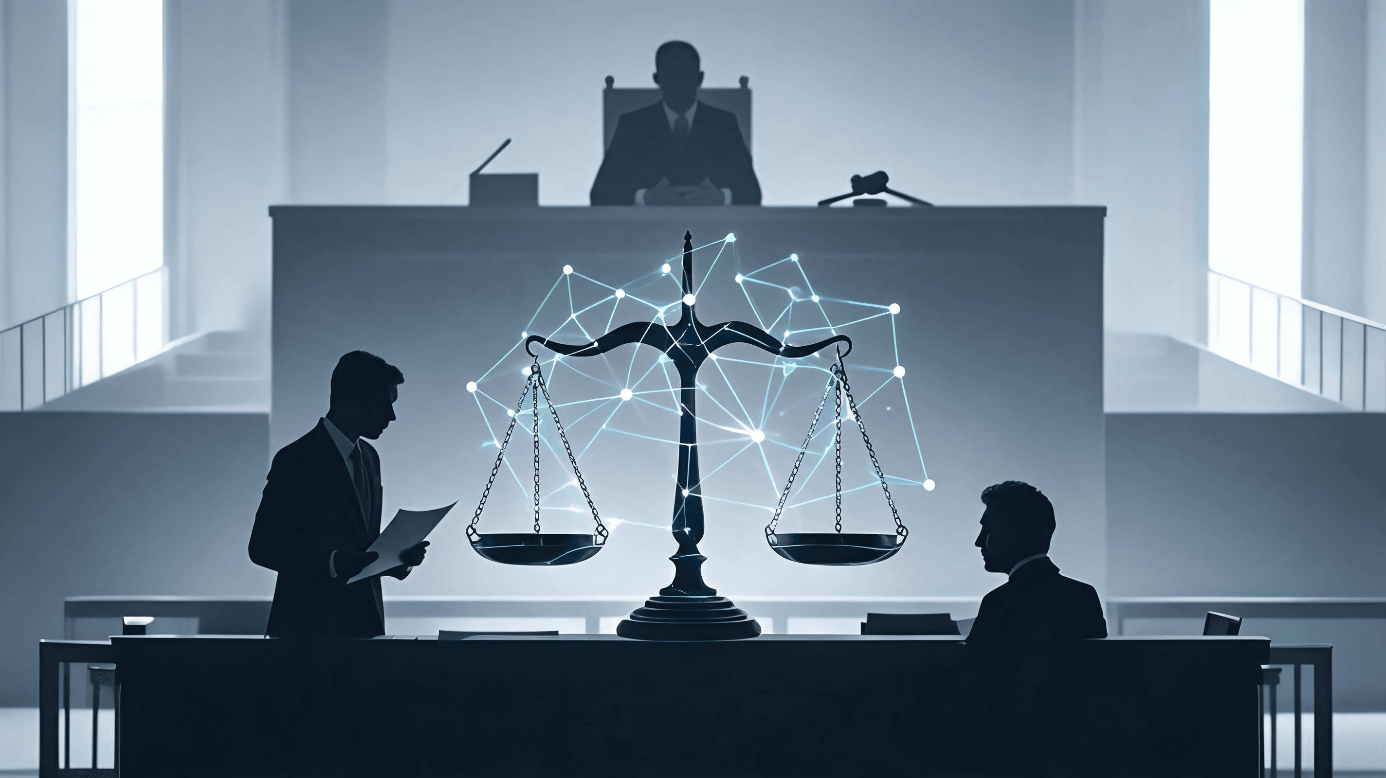 A courtroom scene, minimalist artistic style, silhouettes of legal professionals, balanced scales of