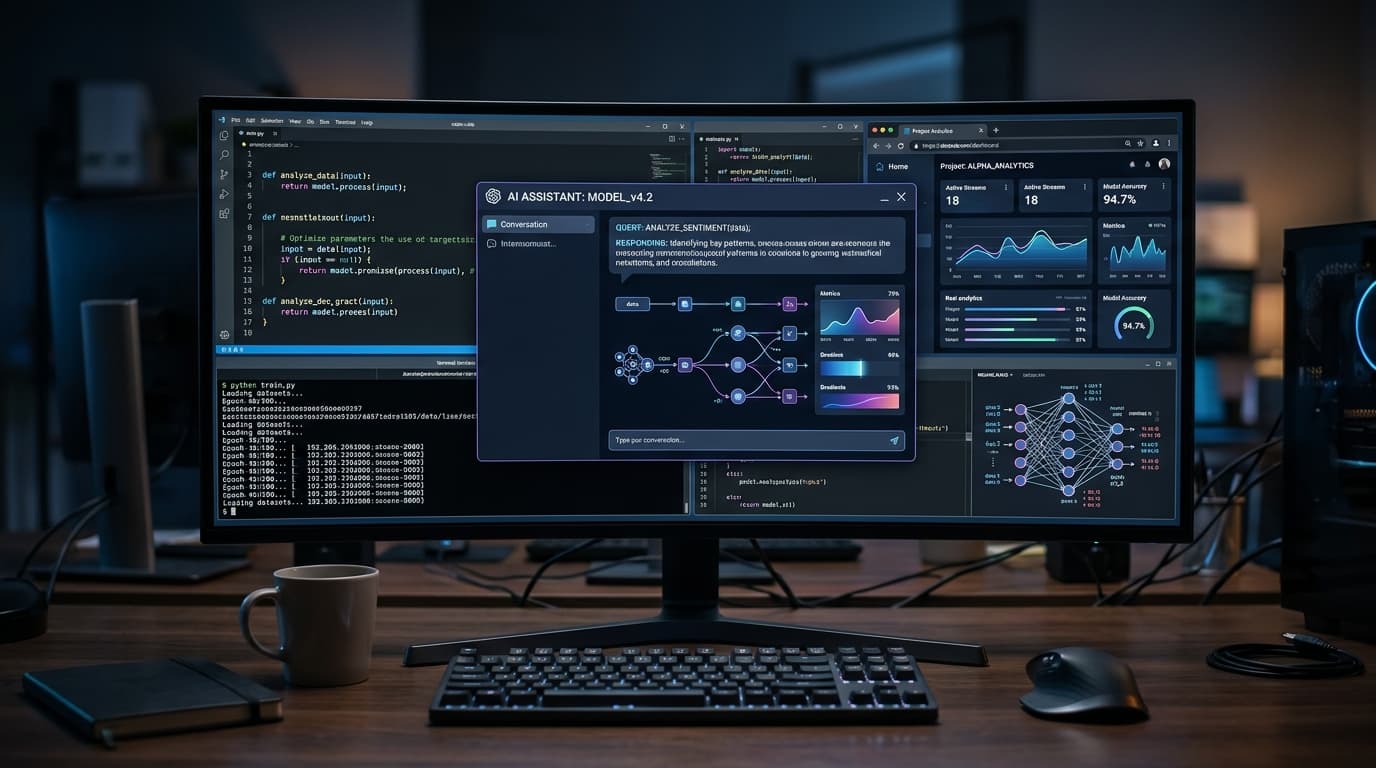 A sophisticated digital desktop workspace showing an AI interface interacting with multiple open win