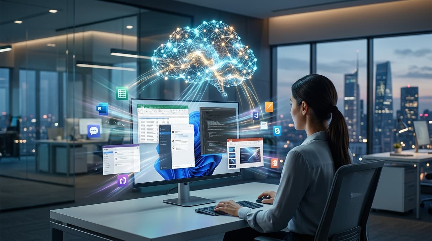 A sophisticated digital workspace interface where an AI assistant (visualized as a glowing neural ne