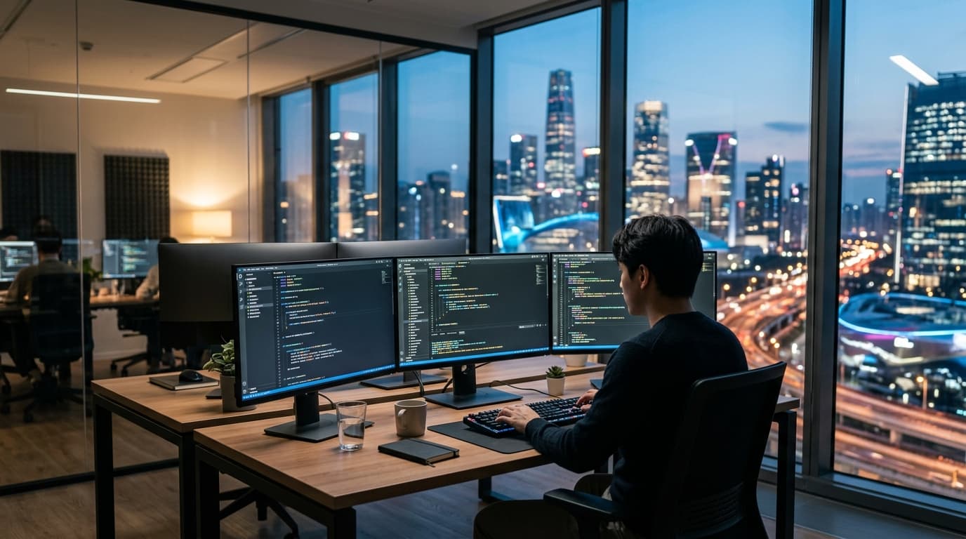 A modern, minimalist office workspace with computer screens displaying lines of code, a blurred futu