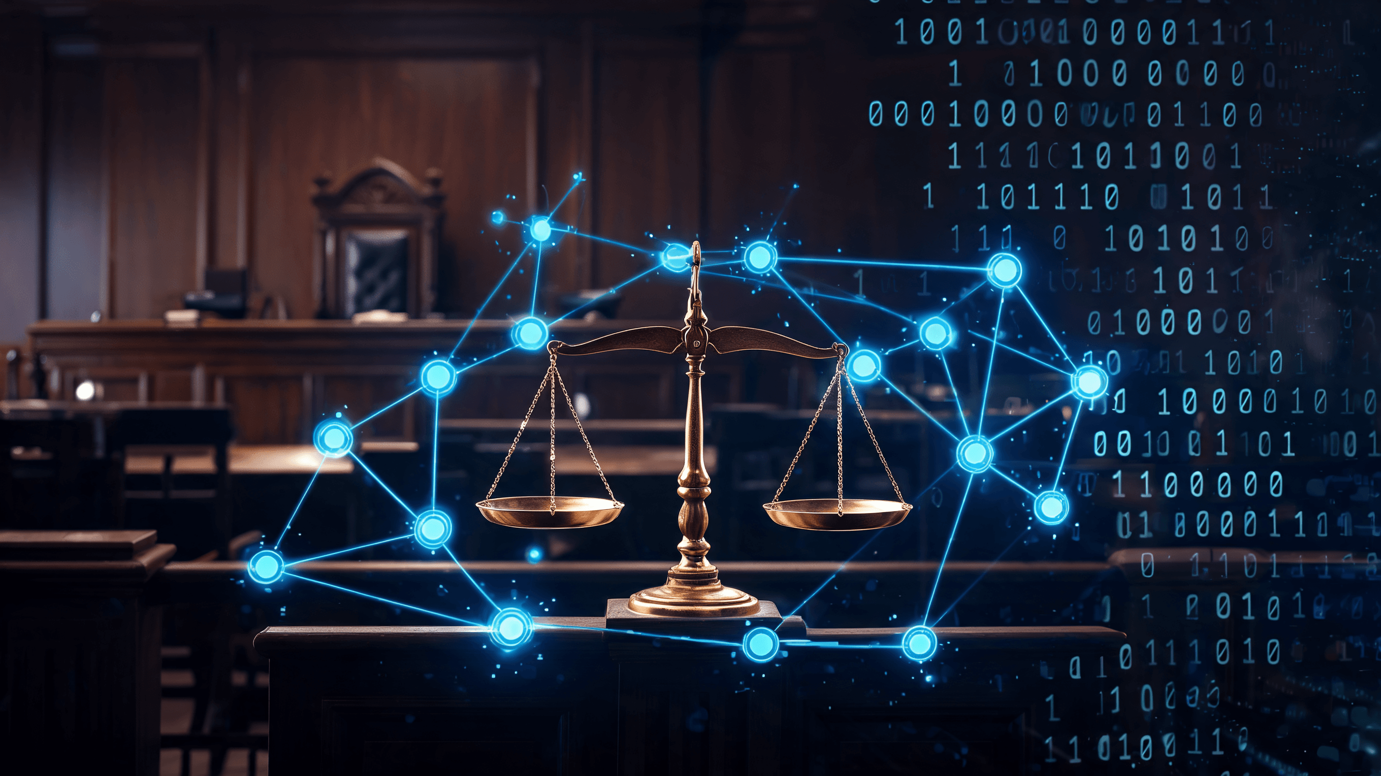 A dramatic courtroom scene with stylized, glowing digital neural network connections fading into bin