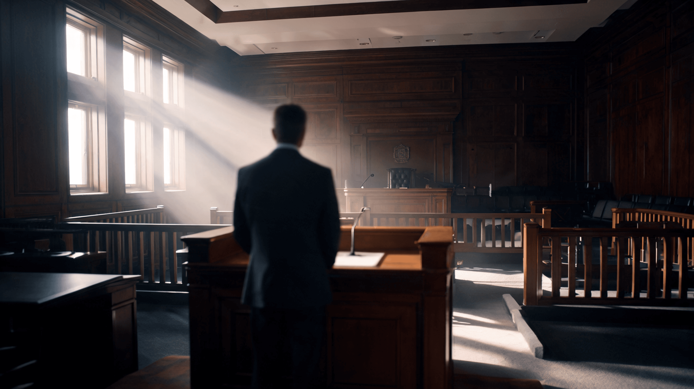 A dramatic courtroom setting with a blurred silhouette of a tech CEO testifying, high contrast, cine