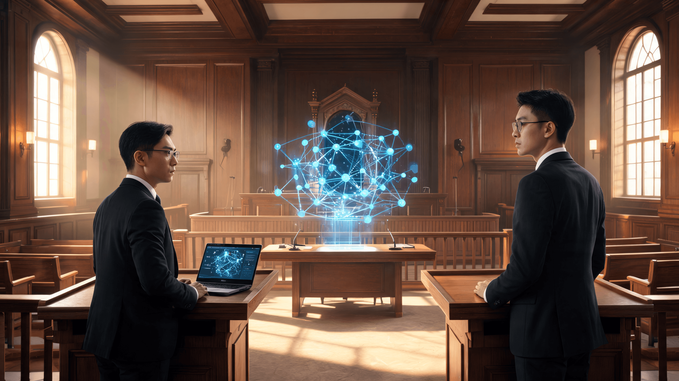 A courtroom setting, dramatic lighting, reflecting on the tension between a high-tech corporate lega