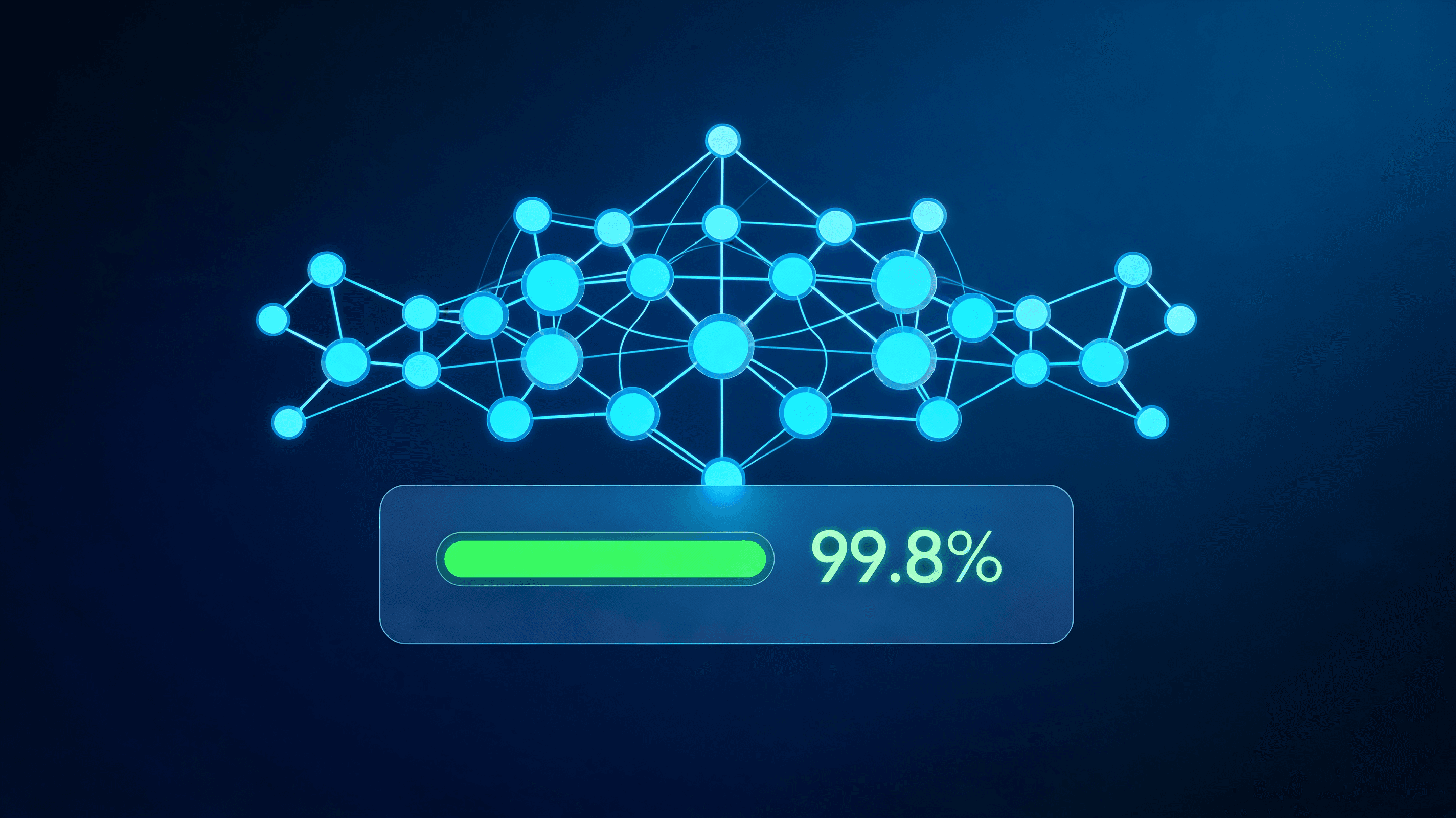 A clean, modern digital interface representation of a reliable AI model, showing a glowing neural ne